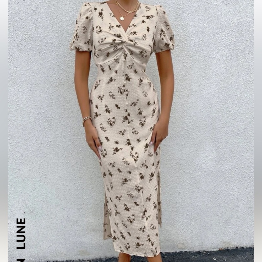 Never used Maxi dress printed tiny brown flowers, pearly buttons down the center